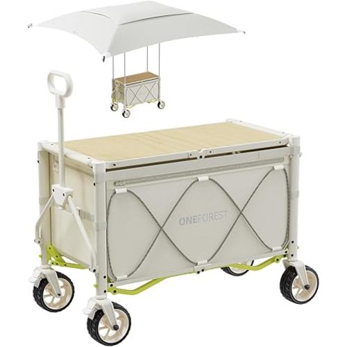 Collapsible Wagon Cart with Canopy Tent, Portable Large Capacity Foldable Wagon Cart, Heavy Duty Garden Cart with Wheels for Camping Sports Beach Backyard and Picnics, Beige