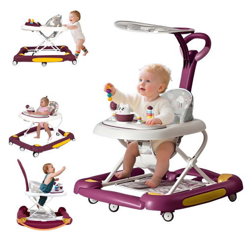 MINGYI 5-in-1 Foldable Baby Walker for Girls with Wheels, Height Adjustable, Easy Clean,6 Months+ (Red)