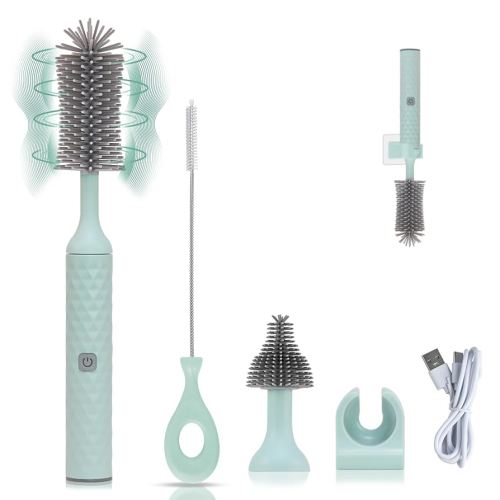 Rechargeable Electric Bottle Brush Cleaner Set with 3 Piece Silicone Baby Bottle Brush Cleaner and Straw Cleaner Brush,BPA Free,Waterproof,Perfect Baby Registry Gift,Blue
