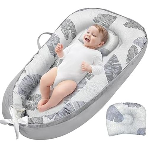 JIFTOK Baby Nests Lounger for Newborn, Snuggle Sleeping Bassinet for 0-24M, Breathable Portable Co Sleeping Bed, Baby Essentials Adjustable Infant Soft Cotton Loungers for Home & Travel -Leaves