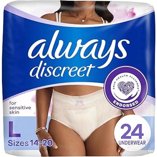 Always Discreet for Sensitive Skin Underwear, Four Times Skin Protection, Dermatologically Tested, Fragrance-Free, Maximum Absorbency, L, 24 CT