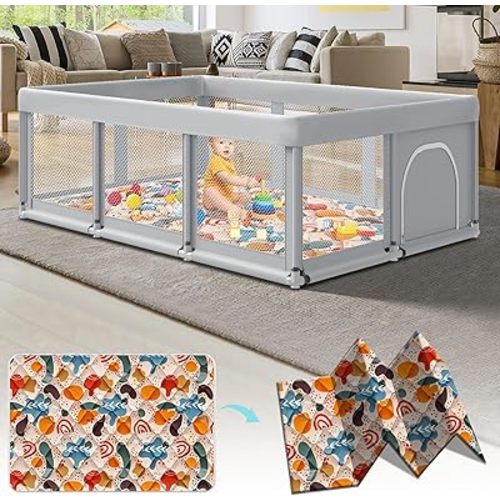 74" ×50" Large Baby Playpen, Baby Playard for Babies and Toddlers, Play Pens for Indoor & Outdoor, Sturdy Safety Play Yard with Soft Breathable Mesh, Anti-Fall, Grey (with MAT)