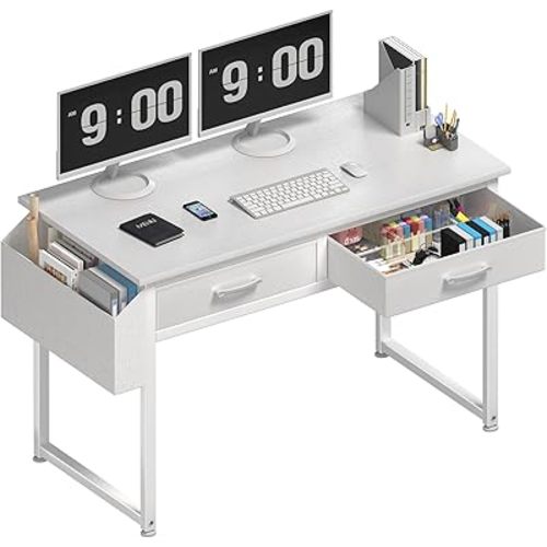 40 Inch Desk with Fabric Drawers - White Office Computer Makeup Desk for Bedroom Home Office, Small Makeup Vanity Study Desks with Drawers Side Bag, White
