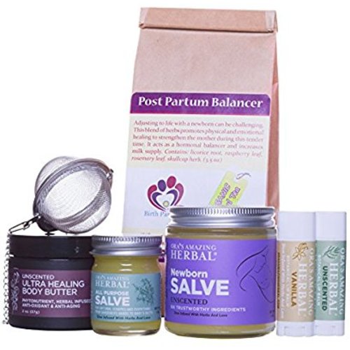 New Mama Gift Set Natural Baby Gift for New Mom and Baby, Postpartum Herbal Tea, Newborn Salve, Body Butter for Stretch Marks, All Purpose Salve, Two Mild Lip Balms.