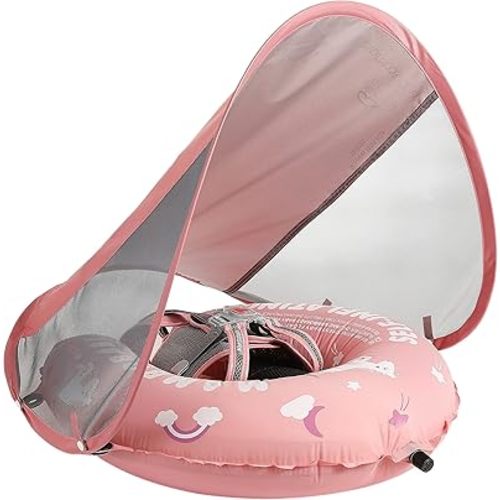 Mambobaby Float Self-Inflating Baby Swim Float with Canopy, Compressible Folding Pool Baby Float, Upgrade Soft Waterproof Skin-Friendly Material Toddler Swim Float (Standard Edition Pink)