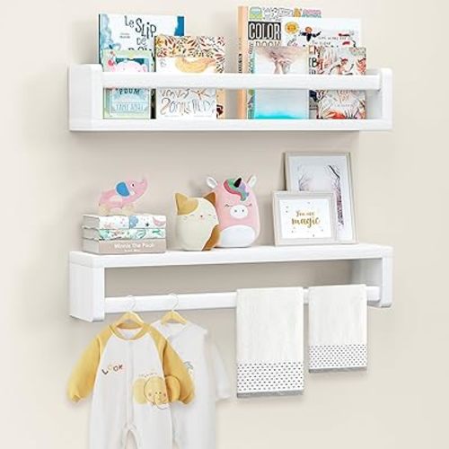 Nursery Floating Shelves, White Nursery Book Shelves for Wall, 16 inch Wall Bookshelf for Kids Solid Wood Wall Mounted Shelves for Books,Toys and Decor Storage, Set of 2