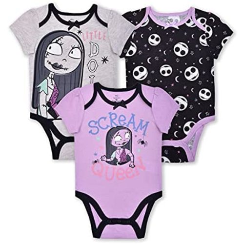 Disney Nightmare Before Christmas Sally and Jack Girls’ 3 Pack Bodysuit for Newborn and Infant – Purple/Grey/Black
