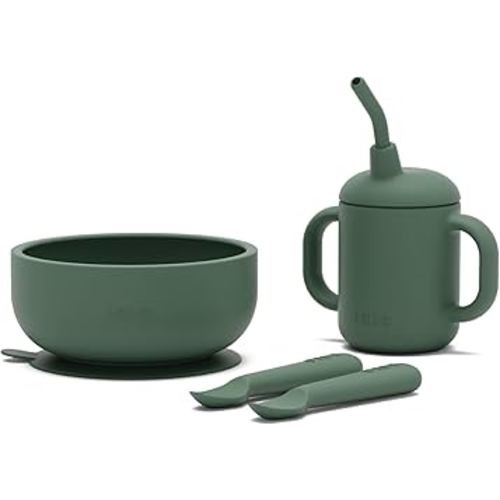 Lalo First Bites Silicone Baby Feeding Set - Baby Led Weaning Supplies - Non-Toxic Silicone - Includes 2 Spoons, Training Cup, & Suction Bowl - 4 Pieces - Olive