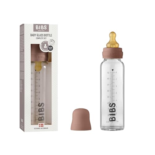 BIBS Baby Glass Bottle. Anti-Colic. Round Natural Rubber Latex Nipple. Supports Natural Breastfeeding, Complete Set - 225 ml, Woodchuck