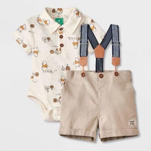 Baby Boys' Disney Winnie The Pooh Short Sleeve Bodysuit And Shorts Suspender Set - Beige 0-3m
