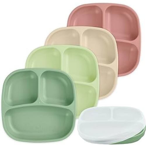 Re Play - 4 Pack 7.37" Divided Plates with Deep Sides for Baby, Toddler & Child Feeding - BPA Free - Made in USA from Recycled Milk Jugs - Cactus Flower With 1 Silicone Lid