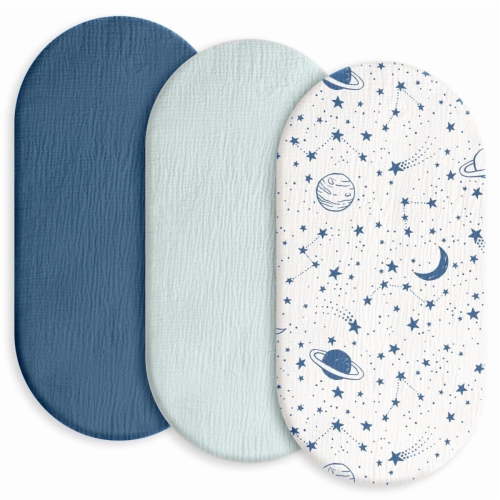 Gllquen Baby Muslin Cotton Bassinet Sheets 3-Pack for Newborn Infant Baby Girls Boys Oval Pad Sheets 33"X17", Planet