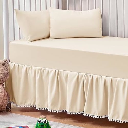 NSGZ Crib Bed Skirt for Grils Boys, 28 x 52 Inch Crib Skirt with Pompoms Dust Ruffles 14 Inch Drop, Soft Microfiber Nursery Toddler Decor Dust Ruffle (Beige)
