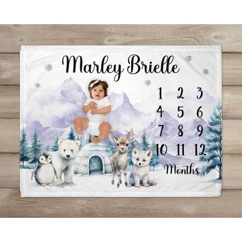 Arctic Animals Milestone Blanket, Personalized Baby Name Blanket, Polar Bear Penguin, Mountains, Monthly Growth Tracker, Baby Shower Gift,