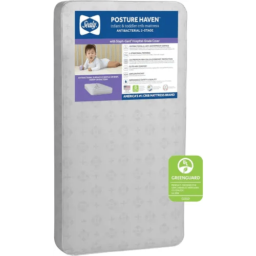 Sealy Baby Posture Haven Orthopedic Antibacterial 2-Stage Dual Firm Waterproof Baby Crib Mattress & Toddler Bed Mattress, Non-Toxic, Air Quality Certified, 182 Premium Coils, Made in USA, 52"x28"