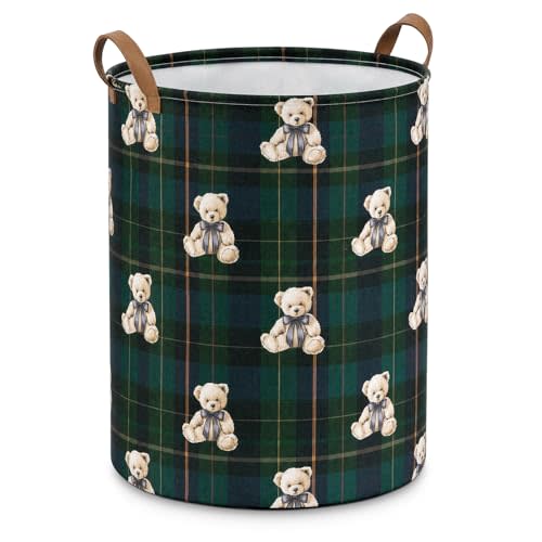 Bear Tartan Plaid Laundry Basket Round Collapsible Storage Basket | with Handles, 58l Baskets with Waterproof PE Coating Nursery Decor Organizer for Bedroom Bathroom Living Room