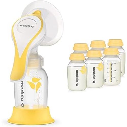 Medela Manual Breast Pump with Flex Shields Harmony Single Hand for More Comfort and Expressing More Milk & Breast Milk Collection and Storage Bottles, 6 Pack, 5 Ounce Breastmilk Container