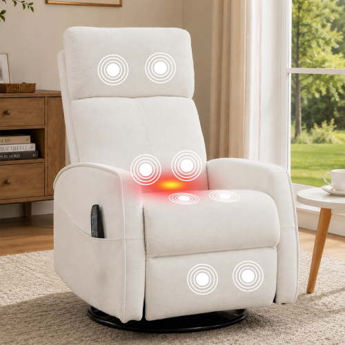 Swivel Rocker Recliner with Massage and Heat, Paproos Velvet Recliner Chair for Adults, Small Glider Recliner Rocking Chair for Living Room Nursery, White