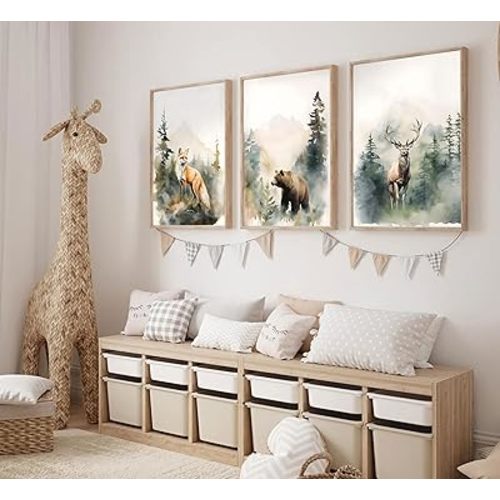 LYNARTFN 3Pcs Woodland Nursery Canvas Wall Art Animals Wall Decor Forest Prints Posters Deer Bear Fox Watercolor Pictures Paintings for Boys Room Girls Room 16x24in Unramed