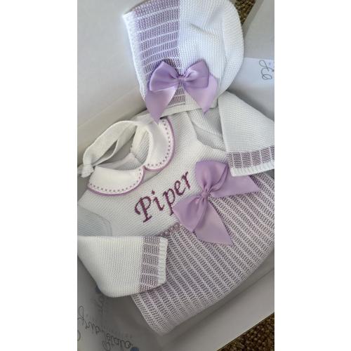 Delicate Knit Dot Line With Side Satin Bow Baby Romper in White and Purple