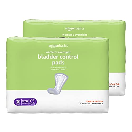 Amazon Basics Incontinence Pads for Women, Bladder Control, Postpartum, Overnight Absorbency, Unscented, 60 Count (2 Packs of 30)