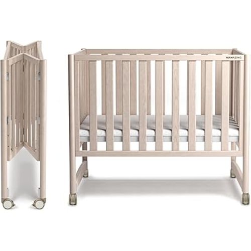 EvoNook 7-in-1 Convertible Mini Crib - Easy Assembly, Portable Folding Baby Mini Crib with Mattress, 100% New Zealand Pinewood, 4 Adjustable Mattress Heights, Washed Nature