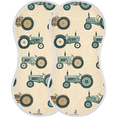 Muslin Burp Cloth for Baby 2PCS Vintage Tractors Super Absorbent Burping Cloths, Bibs for Newborn Boys Girls