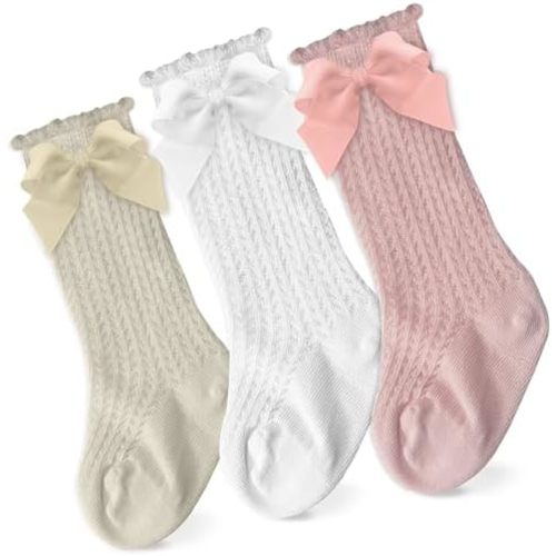 CozyWay Baby & Toddler Knee High Bow Socks For Girls 3 Pack