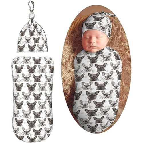 Muishi French Bulldog Faces Newborn Swaddle Blankets Hat Sets Soft Baby Receiving Blanket Swaddle Sack for Baby Shower Infant Boy Girl Gift