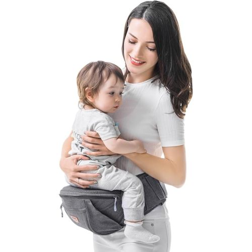 SUNVENO Baby Carrier, Ergonomic Baby Hip Seat Waist Stool CPC-Certified Infant Carrier, Adjustable Waistband & Various Pockets for Newborns, Infants, Babies, All Seasons Carrier, Grey