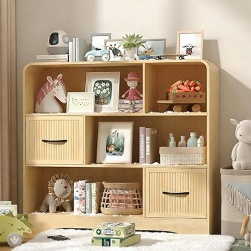 Toy Storage Cabinet, 6 Cube Storage Organizer with 2 Fabric Bins, 48" Wide Cube Bookshelf, Modern Wooden Storage Cabinet for Playroom, Kids Room Nursery, Natural Oak