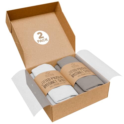 Bassinet Fitted Sheets - Compatible with Baby Delight Beside Me Dreamer Bassinet & Baby Joy Bedside Sleeper | 100% Organic Muslin Cotton - White + Grey | 33X20 (2 Pack)