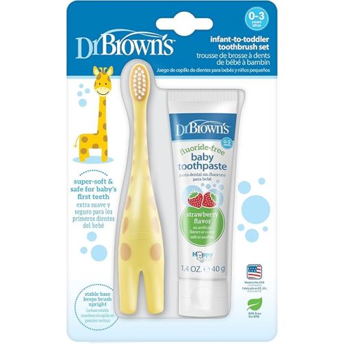 Dr. Brown's Infant-to-Toddler Training Toothbrush Set with Fluoride-Free Baby Toothpaste, Strawberry - Giraffe - 1.4oz - 0-3 years