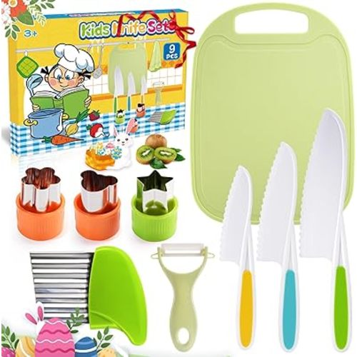 9 Pcs Kids Safe Knife Set for Real Cooking, Kid Kitchen Knife Set with Cutting Board,Crinkle Cutter,Sandwich Cutter, Montessori Kitchen Tools for Toddlers Kids 3-10 Years Old Girl Boy Birthday Gifts