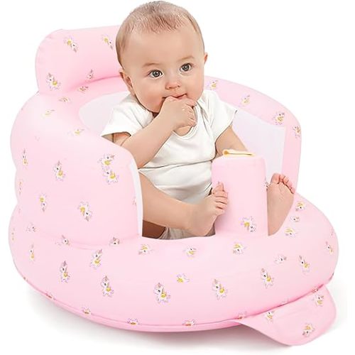 Inflatable Baby Seat for Sitting Up 3-12 Months, Inflatable Baby Chair for Infants and 3 6 9 12 36 Babies Comfortable & Safe Support for Learning to Sit, Feeding (Pink)