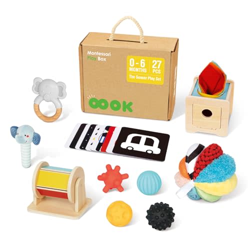 OOOK Montessori Toys 0-6 Months, Montessori Toy Set, 7 in 1 Newborn Baby Toys with Spinning Drum, Tissue Box Toy, Sensory Balls, Contrast Cards, Teether and More