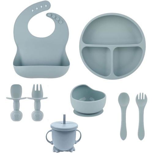 Ensemble d'alimentation pour bébé en silicone, ensemble de couverts en silicone pour tout-petits sans BPA, fournitures de sevrage dirigé par bébé comprend assiette à ventouse divisée pour bébé, bols à