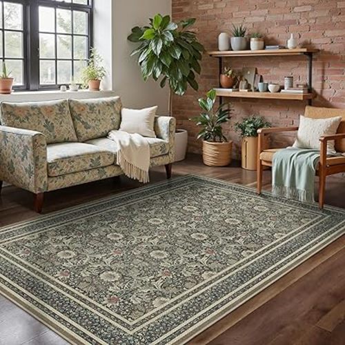 Bavni Vintage Floral Rugs 5x7, Washable Area Rug with Non Slip Backing, Low Pile for Living Room, Bedroom & Home Decor, Lightweight Carpet, Coffee