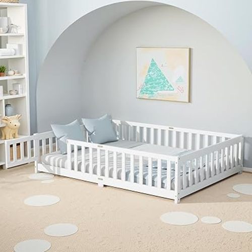 Full Size Floor Bed, Toddler Floor Bed Frame with High Guardrails, Solid Wood Montessori Beds Full with Support Slats, Fence and Door for Kids, Boys or Girls - White