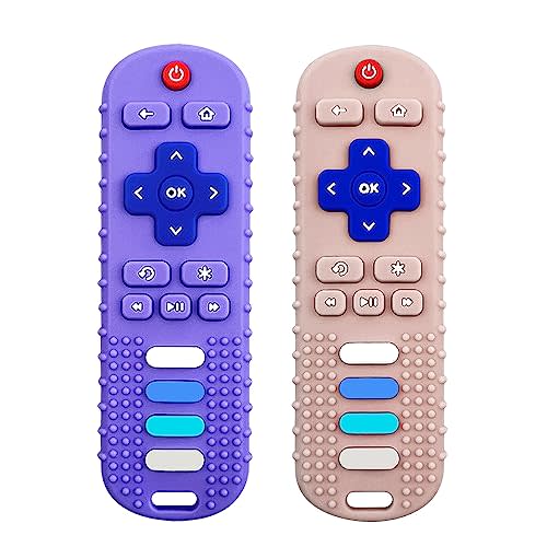 ROBBEAR Baby Teething Toys, Food Grade Silicone Teether for Babies 3 6 12 18 Months, TV Remote Shape Toddlers Chew Toys, Freezer BPA Free (Purple+Khaki)