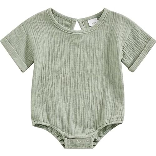 Amnnchya Newborn Baby Boy Girl Cotton Linen Romper Solid Color Short Sleeve Bodysuit Summer Clothes Cute Outfits