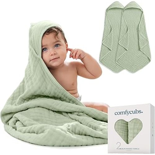 Comfy Cubs Hooded Baby Towel 2-Pack, Large 32 x 32 Inch - 6 Layer 100% Muslin Cotton for Babies, Toddlers and Kids - Soft & Absorbent Baby Bath Towels - Unisex Design for Bath Time - Sage