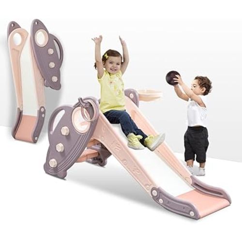 Onasti Kids Slide for Toddlers Age 1-3 Indoor Baby Plastic Slide Outdoor Climber Freestanding Playset with Basketball Hoop & Ring Game Pink