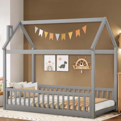 ENYOPRO House Bed with Fence,Solid Wood House Bed,Floor Bed Frame,Twin Canopy Bed for Bedroom, No Box Spring Needed (Gray)