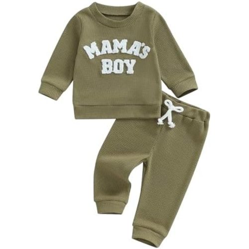 NZNDSHD Toddler Boy Clothes Little Dude Baby Boy Outfit Mamas Boy Little Bro Embroidered Sweatshirt Waffle Knit Pants Set
