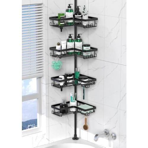 Corner Shower Caddy Tension Pole - 4 Tier Stainless Steel Rustproof Shower Corner Caddy for Bathroom Shower Organizer Shelves Adjustable Pole 25-114.2 Inch Black