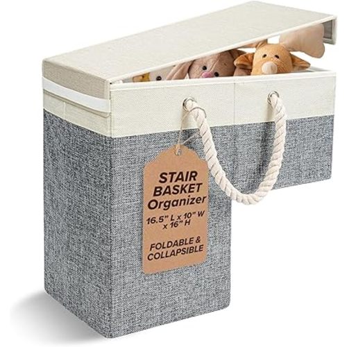 Stair Basket Foldable Linen Storage Organizer with Toplid for Carpeted Stairs & Wooden Staircases. Versatile Sturdy Bag for Climbing, Laundry & Shoe
