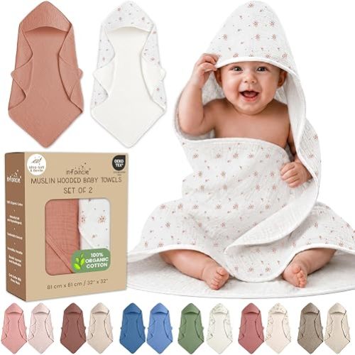 100% Organic Cotton Muslin Hooded Baby Towels 2 Pack 81 X 81 CM Shower Towel Soft Breathable Lightweight Quick Dry Gentle On Baby Skin for Newborns and Infants Cinnamon & Wildflower