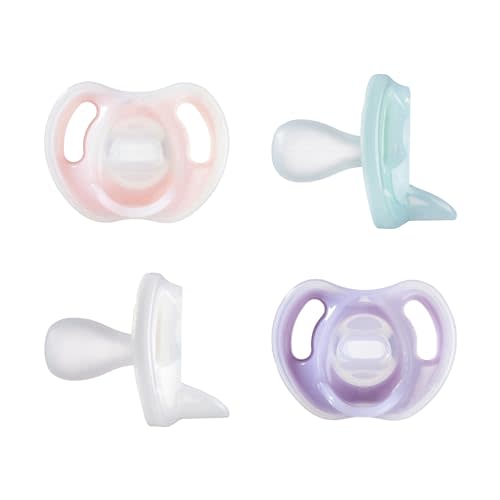 Tommee Tippee Ultra-Light Silicone Pacifier, 0-6 Months, Symmetrical One-Piece Design, BPA-Free Silicone Binkies, Pink/Purple/Green, Pack of 4