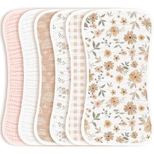 Konssy Muslin Baby Burp Cloths Sets for Unisex- 6 Pack Large 100% Cotton Adorable Printed Burping Clothes for Newborn, Baby Girls and Boys
